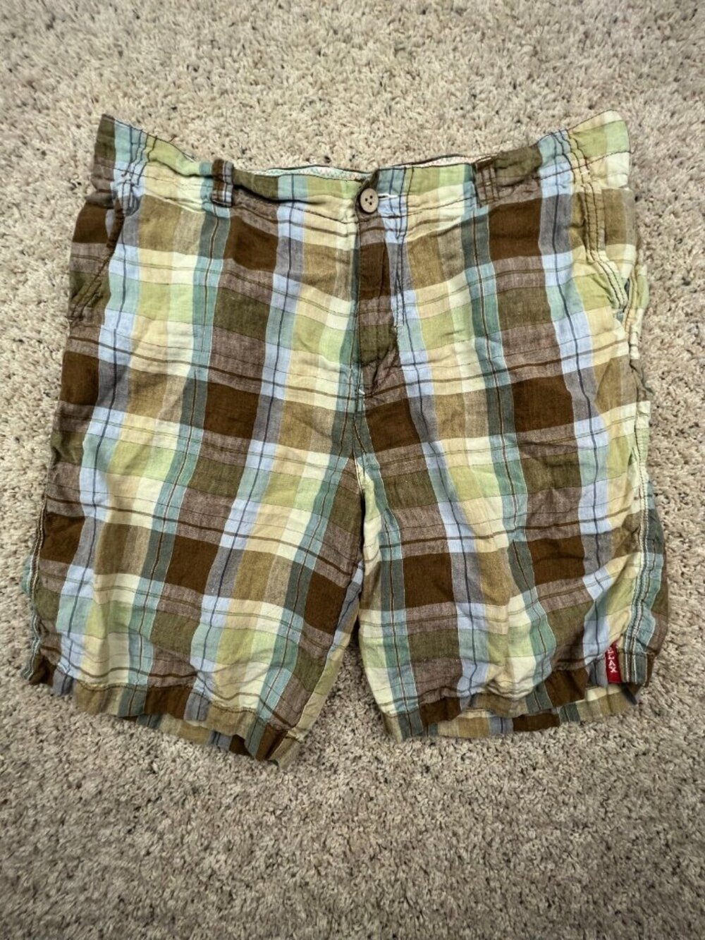 Tommy Bahama Bermuda Shorts Men’s Size 35 All Linen Beige Plaid Blue Colorful